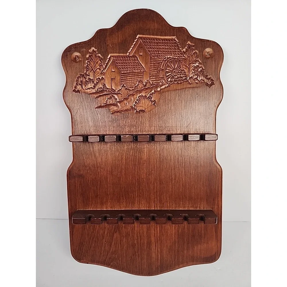 Vintage Carved Wood Water Mill Souvenir Spoon Rack Wall Display Holds 16